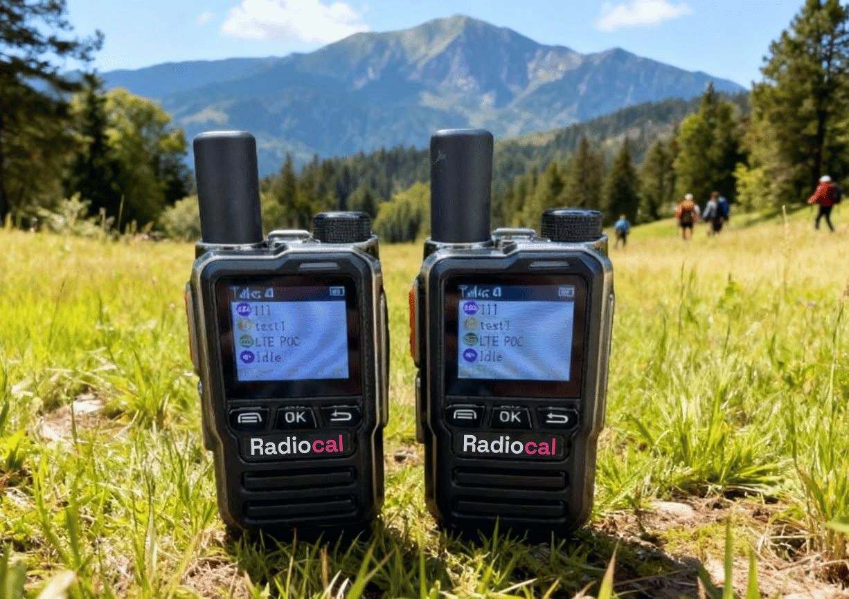 Two Radiocal radios standing in a mountain meadow, hikers in the background