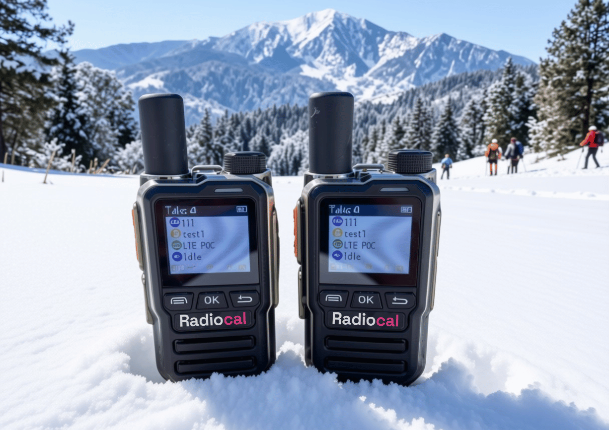 Two Radiocal walkie-talkies in the snow, mountains behind