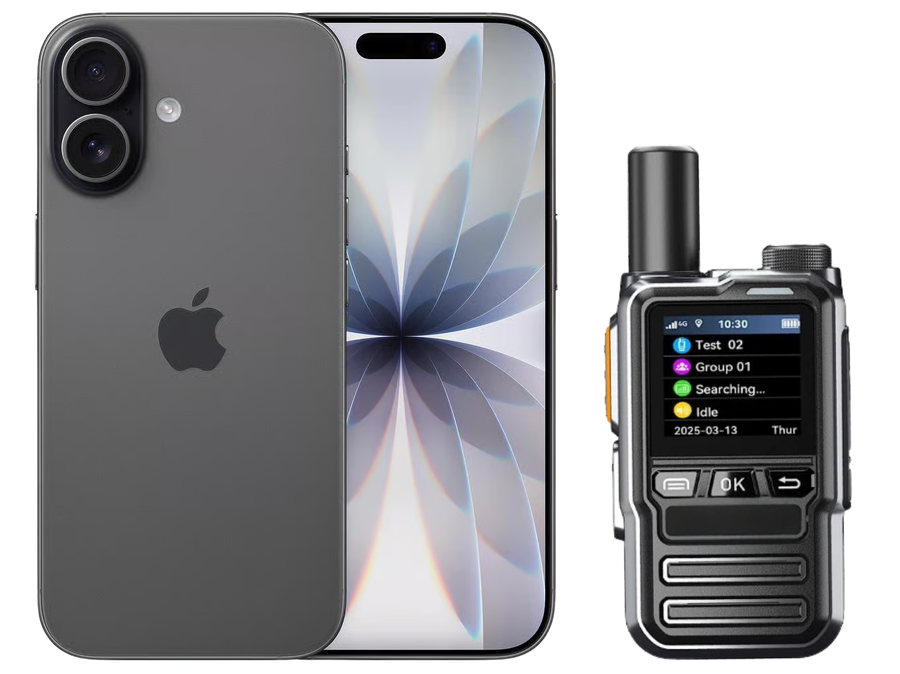 Radiocal handset next to a smartphone for size comparison